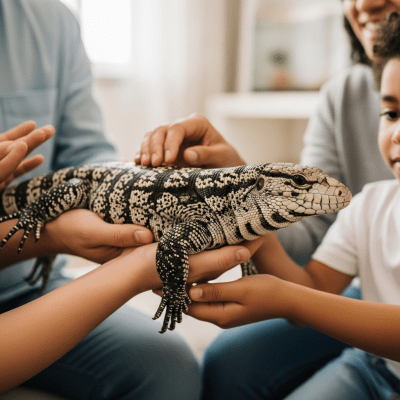 Image of a Argentine Black and White Tegu interacting with humans in a responsible pet-keeping context