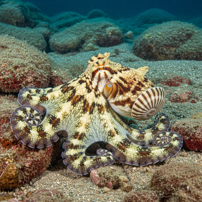 Illustration of a Argonaut Octopus displaying camouflage behavior within its environment, blending into rocks, sand, or coral