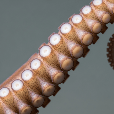 Naturalistic close-up photograph of a single arm of a Argonaut Octopus, focusing on the suckers, skin texture, and coloration details