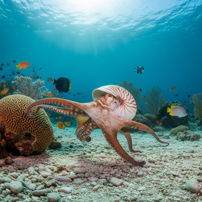 A realistic underwater scene featuring a Argonaut Octopus of the taxonomy octopuses in its natural marine environment