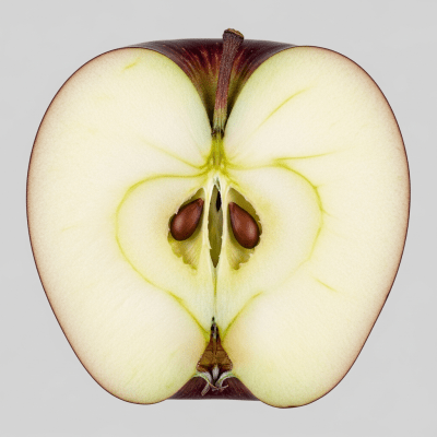 A close-up image showing a cross-section of a Arkansas Black of the taxonomy apples, sliced cleanly in half to reveal internal structure, seeds, and flesh
