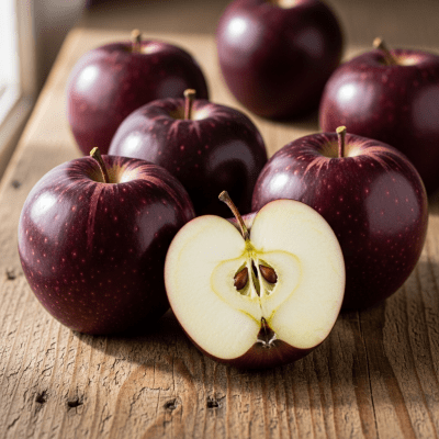 A simple arrangement showing several whole and one cut-open Arkansas Black, displayed on a wooden surface