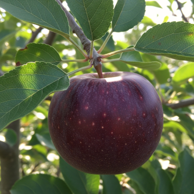 A naturalistic photograph of a Arkansas Black, hanging on its tree branch with leaves visible