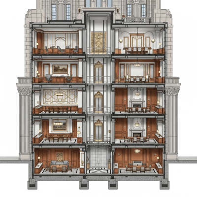 Detailed cross-sectional illustration or cutaway view showing the internal layout and key structural elements of the Art Deco (architecture)
