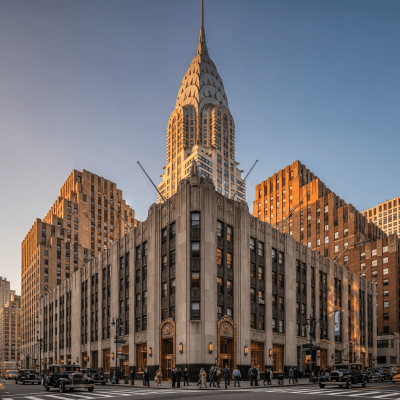 Photograph depicting Art Deco, an example of architecture, in active use or cultural context—such as being inhabited, visited, or used for its intended purpose—while keeping focus on the structure itself