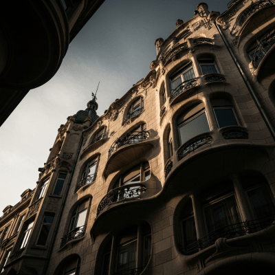 Dramatic, editorial-style image of Art Nouveau from the architecture taxonomy, captured from a low angle to emphasize grandeur and form.