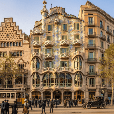 Photograph depicting Art Nouveau, an example of architecture, in active use or cultural context—such as being inhabited, visited, or used for its intended purpose—while keeping focus on the structure itself