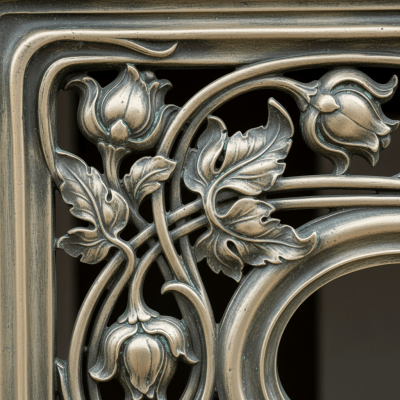 Close-up detail shot of a distinctive feature or ornamentation from the Art Nouveau (architecture), showing material texture, craftsmanship, or unique design elements