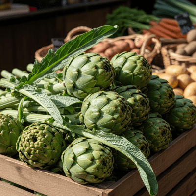 Image showing freshly harvested Artichoke, displayed in a farmer's market basket or crate
