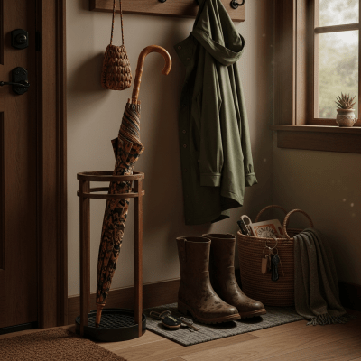 Image of a Artisan Umbrella displayed alongside typical items it is paired with (e