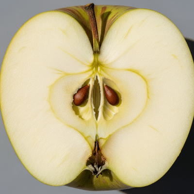 A close-up image showing a cross-section of a Ashmead's Kernel of the taxonomy apples, sliced cleanly in half to reveal internal structure, seeds, and flesh