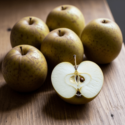 A simple arrangement showing several whole and one cut-open Ashmead's Kernel, displayed on a wooden surface