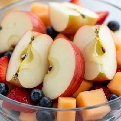A photograph of a freshly sliced Ashmead's Kernel of the taxonomy apples, presented as part of a fruit salad in a clear bowl