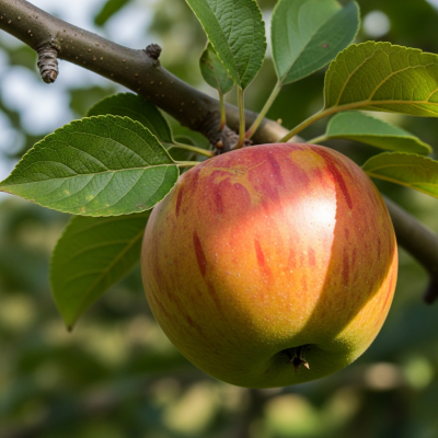 A naturalistic photograph of a Ashmead's Kernel, hanging on its tree branch with leaves visible