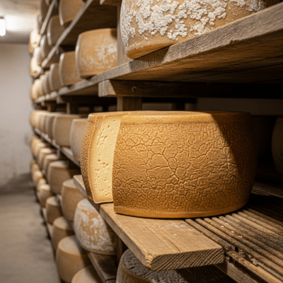 A whole wheel or block of Asiago, shown in an artisanal cellar or aging environment typical for this cheese