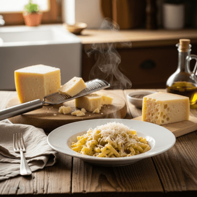 A piece of Asiago being used in a classic culinary preparation or dish where it is commonly featured