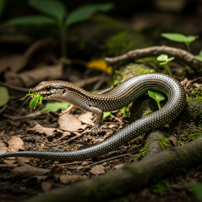 A dynamic action scene featuring a single Asian Glass Lizard (lizards) running, climbing, or catching prey in its typical environment