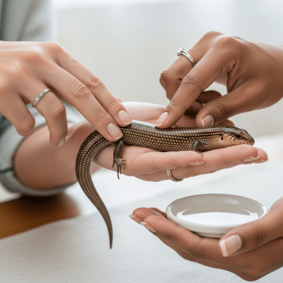 Image of a Asian Glass Lizard interacting with humans in a responsible pet-keeping context