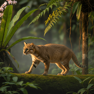 Photorealistic image of a Asian Golden Cat (felines) in its natural habitat
