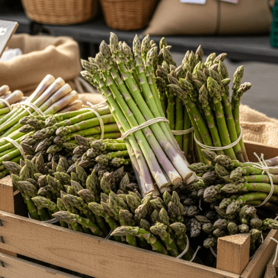 Image showing freshly harvested Asparagus, displayed in a farmer's market basket or crate