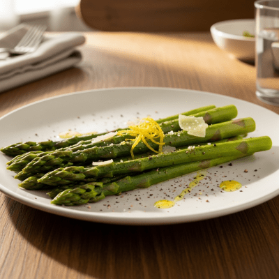 Photograph of a prepared dish or serving featuring the Asparagus, as commonly used in cuisine within the taxonomy vegetables