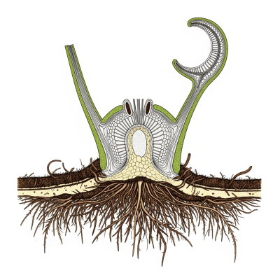 Cross-sectional illustration or photograph of a Aspleniaceae (family), showing internal structure such as rhizome, roots, and vascular bundles