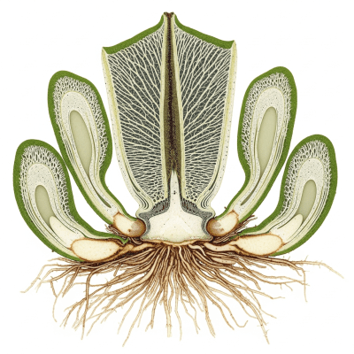Cross-sectional illustration or photograph of a Asplenium nidus, showing internal structure such as rhizome, roots, and vascular bundles