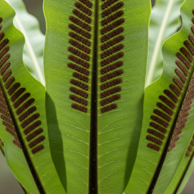 Photograph of a mature Asplenium nidus, with visible sporangia or sori on the underside of its fronds, highlighting its reproductive structures