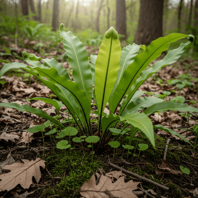 Photograph of a Asplenium scolopendrium, of the taxonomy ferns, shown growing in its natural environment, such as a forest understory or shaded woodland