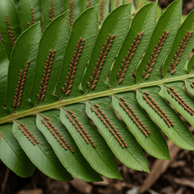 Photograph of a mature Asplenium scolopendrium, with visible sporangia or sori on the underside of its fronds, highlighting its reproductive structures