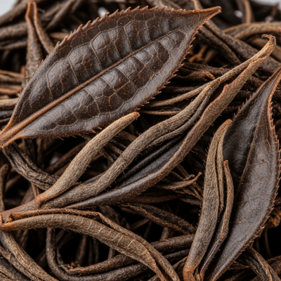 Macro photograph focusing on the texture and details of Assam Tea leaves, within the taxonomy teas