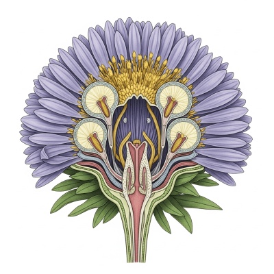 Cross-sectional illustration of a Aster (flowers), showing internal parts such as stem, petals, and reproductive organs