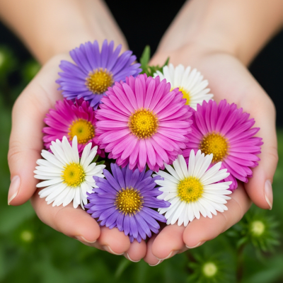 Photograph of a Aster (flowers) being held or interacted with by a person in a gentle way