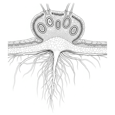 Cross-sectional illustration or photograph of a Athyriaceae (family), showing internal structure such as rhizome, roots, and vascular bundles