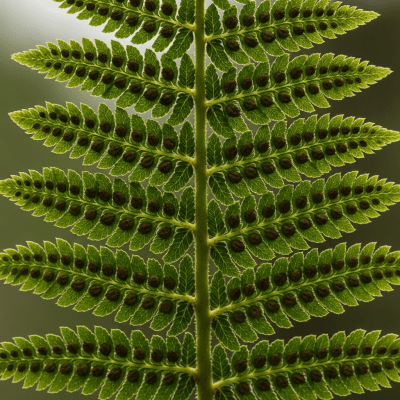 Photograph of a mature Athyriaceae (family), with visible sporangia or sori on the underside of its fronds, highlighting its reproductive structures