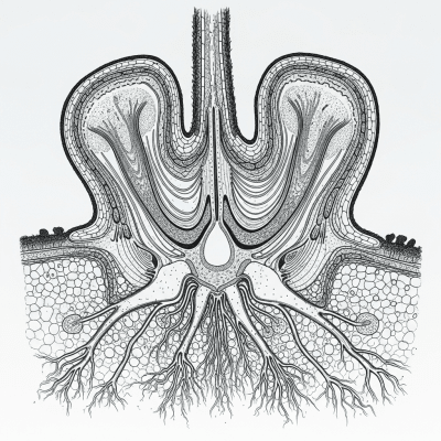 Cross-sectional illustration or photograph of a Athyrium filix-femina, showing internal structure such as rhizome, roots, and vascular bundles