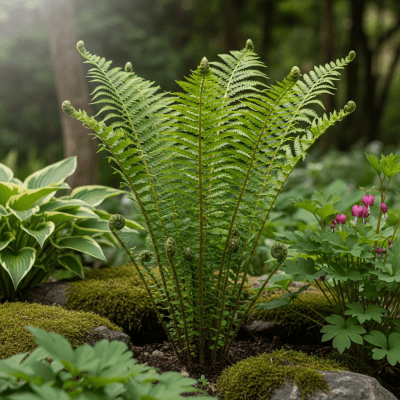 Image depicting a Athyrium filix-femina as traditionally used by humans, such as in ornamental garden settings, floral arrangements, or as part of indigenous cultural practices