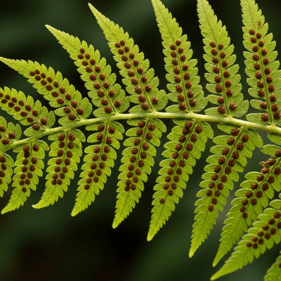 Photograph of a mature Athyrium filix-femina, with visible sporangia or sori on the underside of its fronds, highlighting its reproductive structures
