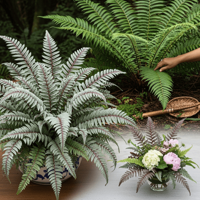Image depicting a Athyrium niponicum as traditionally used by humans, such as in ornamental garden settings, floral arrangements, or as part of indigenous cultural practices