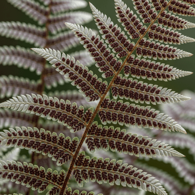 Photograph of a mature Athyrium niponicum, with visible sporangia or sori on the underside of its fronds, highlighting its reproductive structures