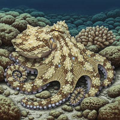 Illustration of a Atlantic Armhook Octopus displaying camouflage behavior within its environment, blending into rocks, sand, or coral