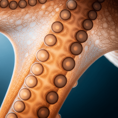 Naturalistic close-up photograph of a single arm of a Atlantic Armhook Octopus, focusing on the suckers, skin texture, and coloration details