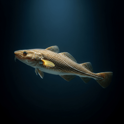 A striking, editorial-style image of a single Atlantic Cod, from the taxonomy fish.