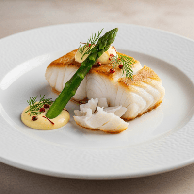 A culinary presentation featuring a prepared dish made with Atlantic Cod, of the taxonomy fish