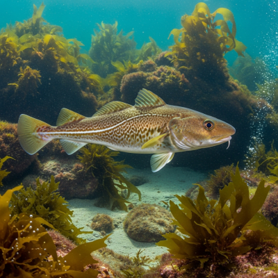 Underwater scene featuring a single Atlantic Cod