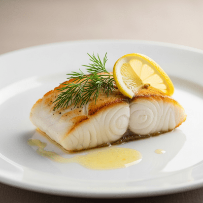 A culinary presentation featuring a prepared dish made with Atlantic Halibut, of the taxonomy fish