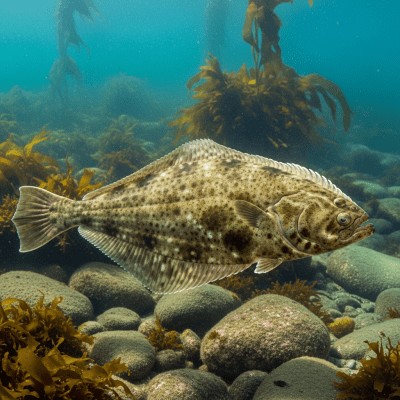 Underwater scene featuring a single Atlantic Halibut