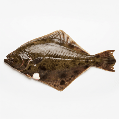 High-resolution studio photograph of a single Atlantic Halibut, belonging to the taxonomy fish