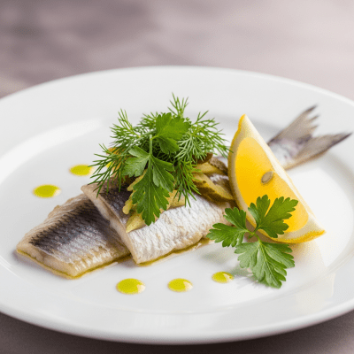 A culinary presentation featuring a prepared dish made with Atlantic Herring, of the taxonomy fish