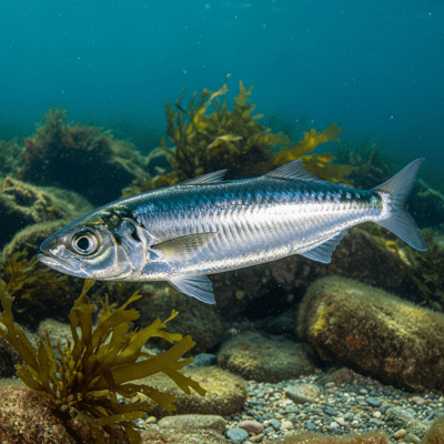 Underwater scene featuring a single Atlantic Herring